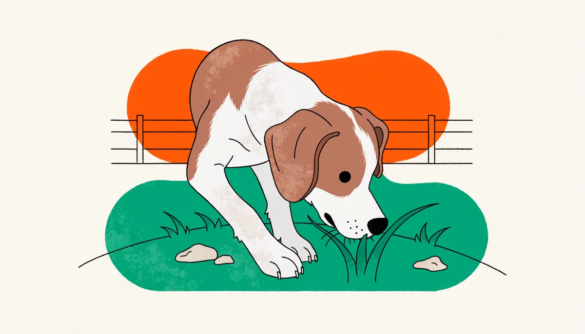 Cachorro curioso cheirando e mordiscando grama em um quintal verde