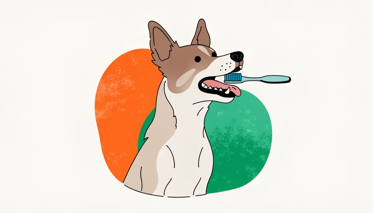 Cachorro tendo os dentes escovados com escova própria para pets, em cena de higiene bucal