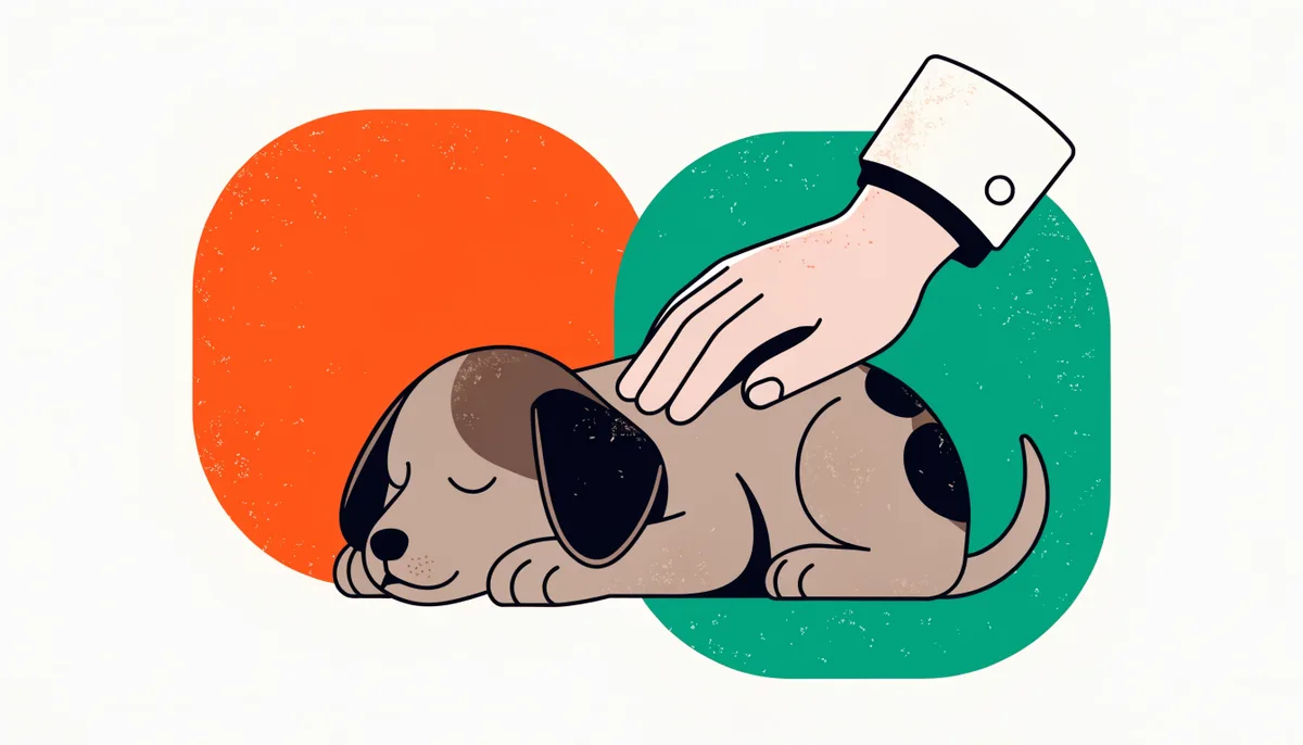 Filhote de cachorro deitado e descansando enquanto uma mão o acaricia com cuidado, em cena que remete à proteção contra a cinomose