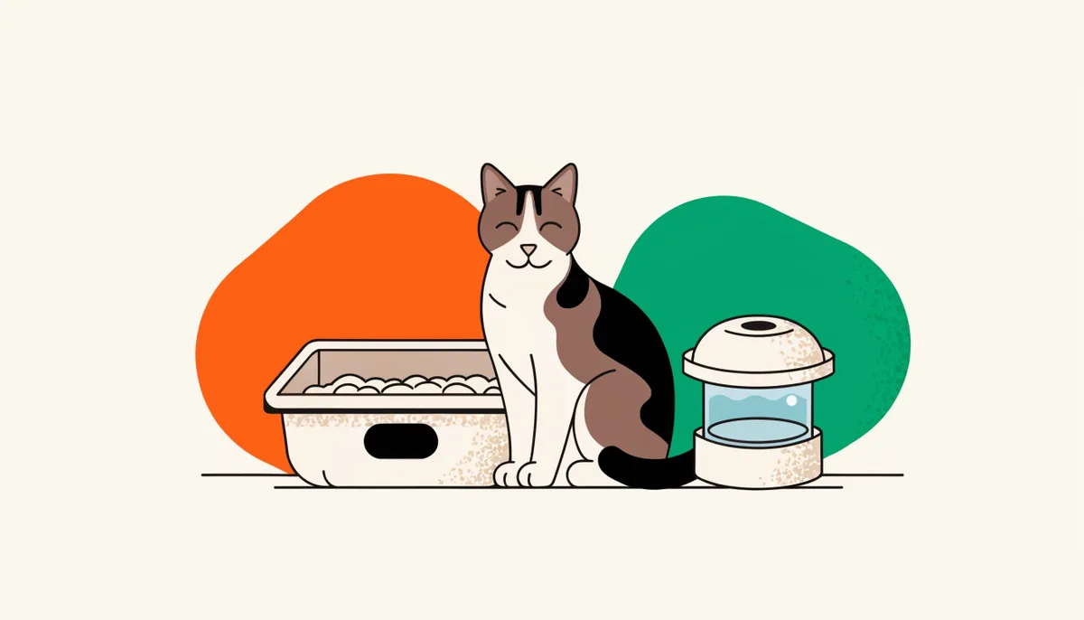 Gato ao lado de uma caixa de areia limpa e de uma fonte de água, cuidados contra problemas urinários