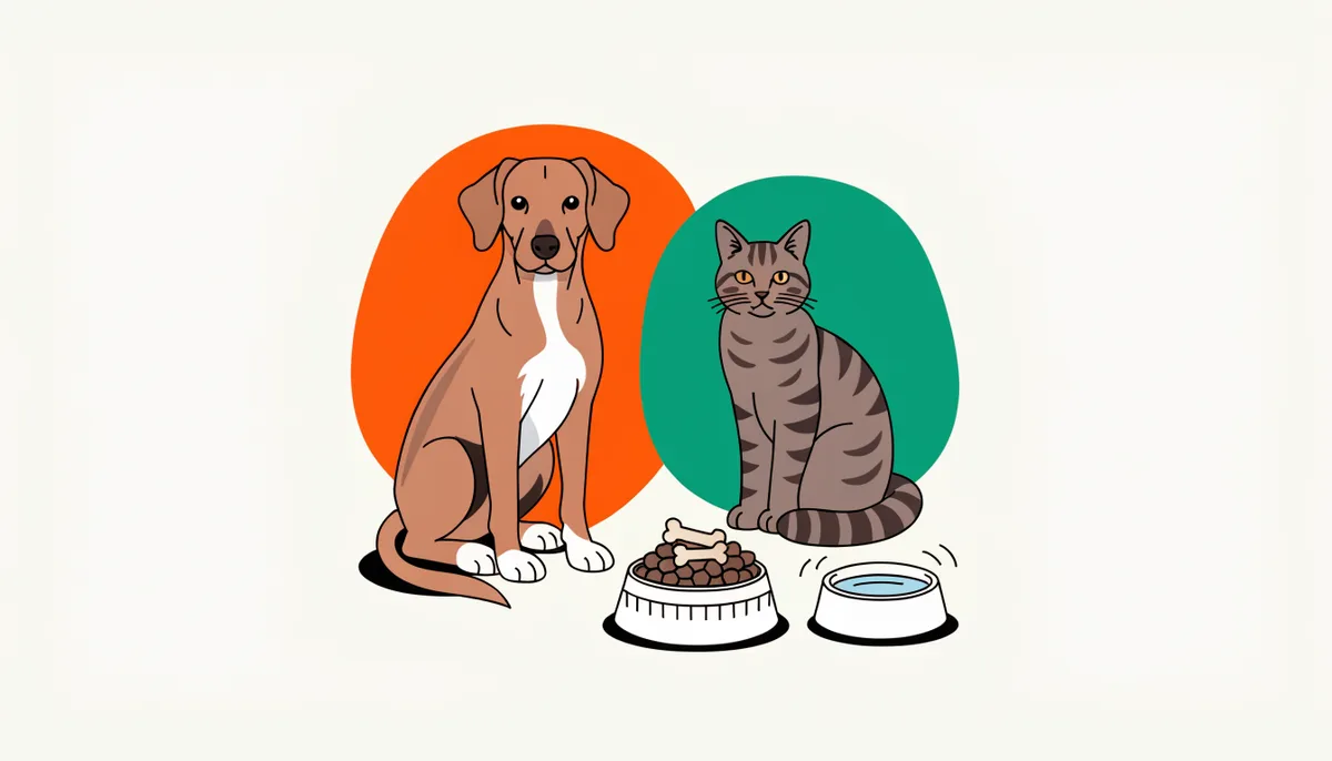 Cachorro e gato lado a lado diante de comedouro com ração e bebedouro com água, representando a rotina alimentar controlada do pet diabético