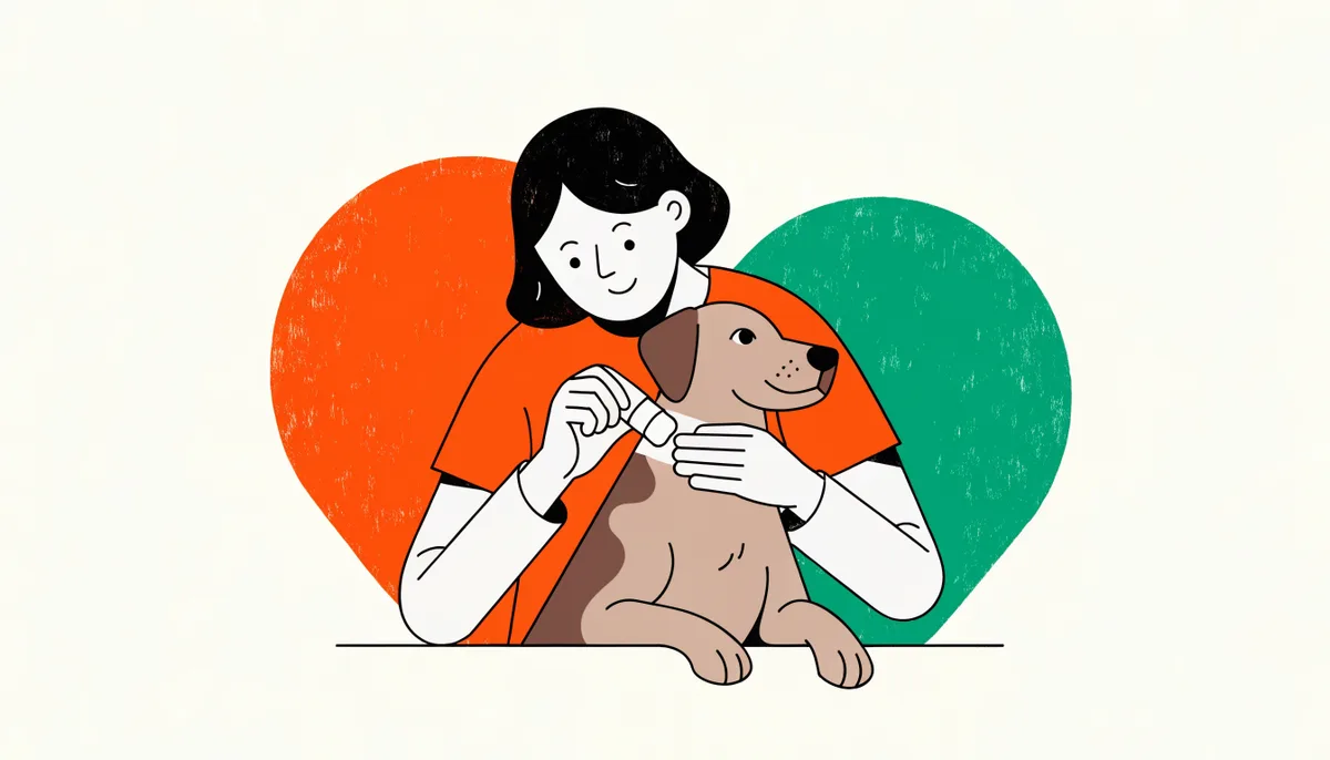 Tutor cuidando com carinho da pele de um cachorro em recuperação de sarna, aplicando o tratamento indicado pelo veterinário
