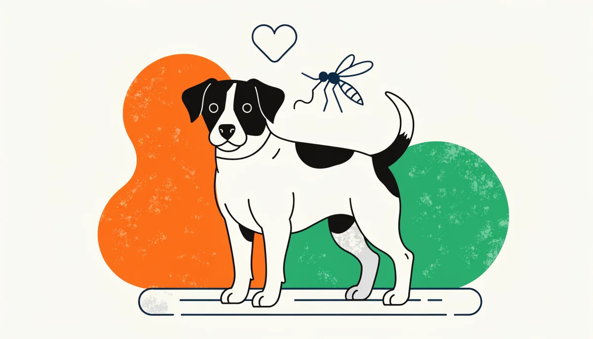 Cachorro no quintal ao entardecer, cercado por mosquitos, ilustrando o risco do verme do coração