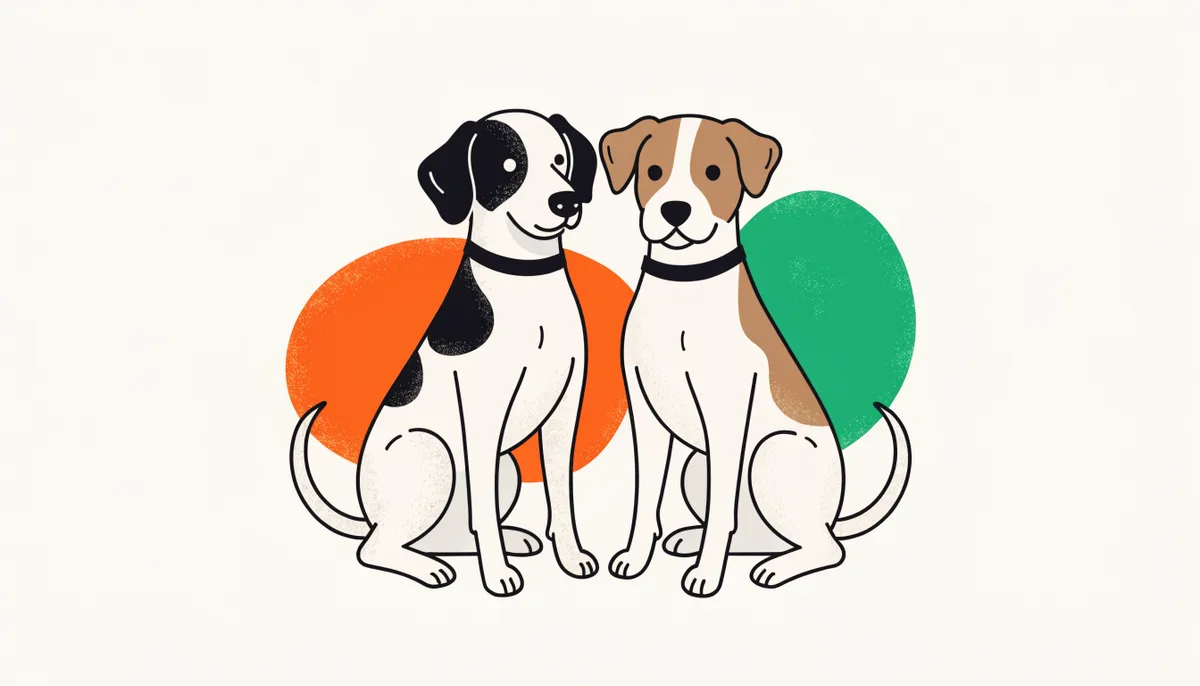 Cachorro macho e cachorro fêmea sentados lado a lado em ambiente claro, em composição de comparação amigável