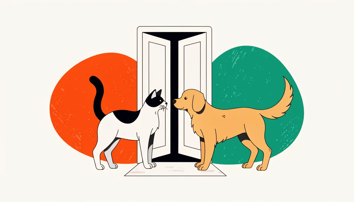Gato e cachorro se observando calmamente através de uma porta entreaberta durante uma apresentação supervisionada