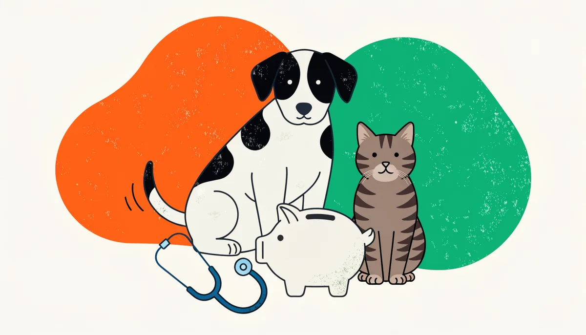 Cofrinho e estetoscópio ao lado de um cachorro e um gato, representando planejamento financeiro da saúde do pet