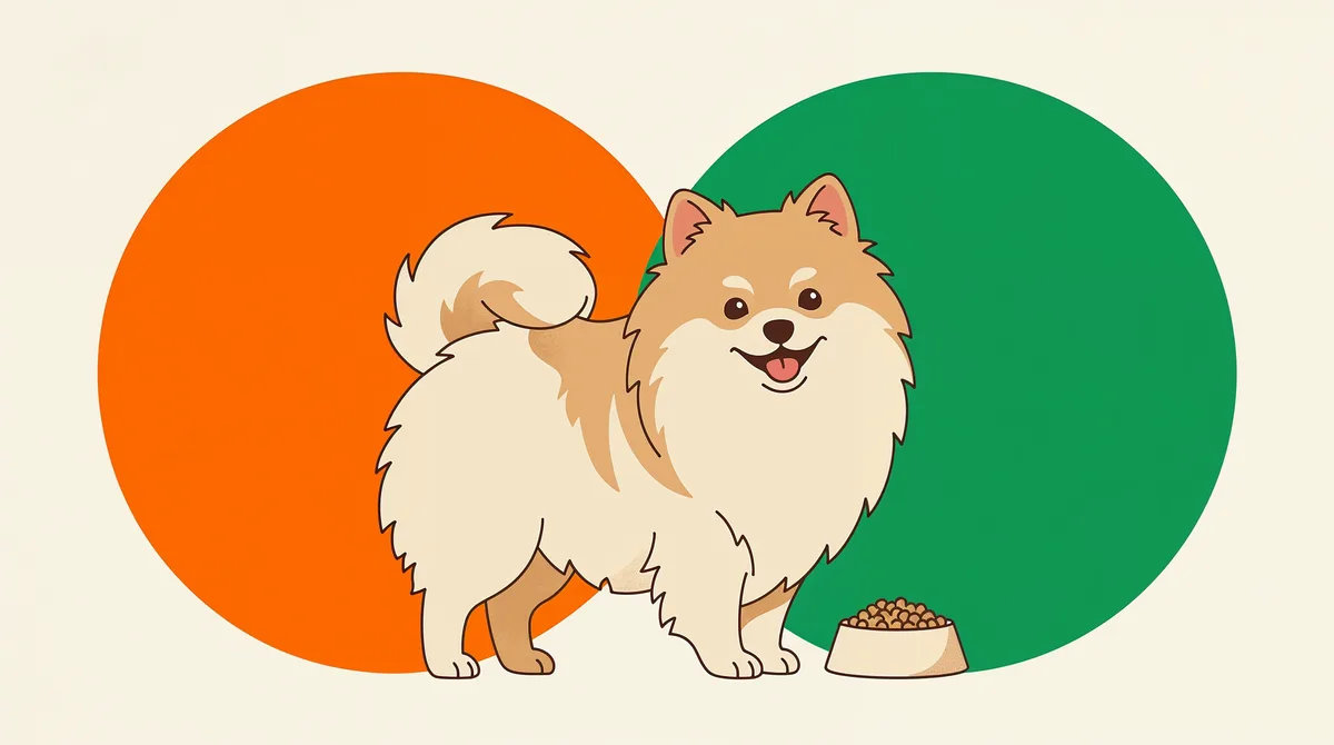 Ilustração de um Spitz Alemão ao lado de uma tigela de ração