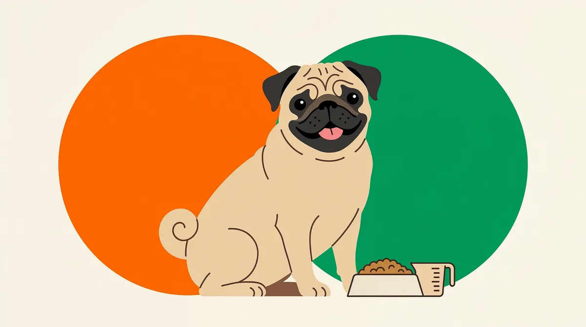 Ilustração de um Pug ao lado de uma tigela de ração e um medidor