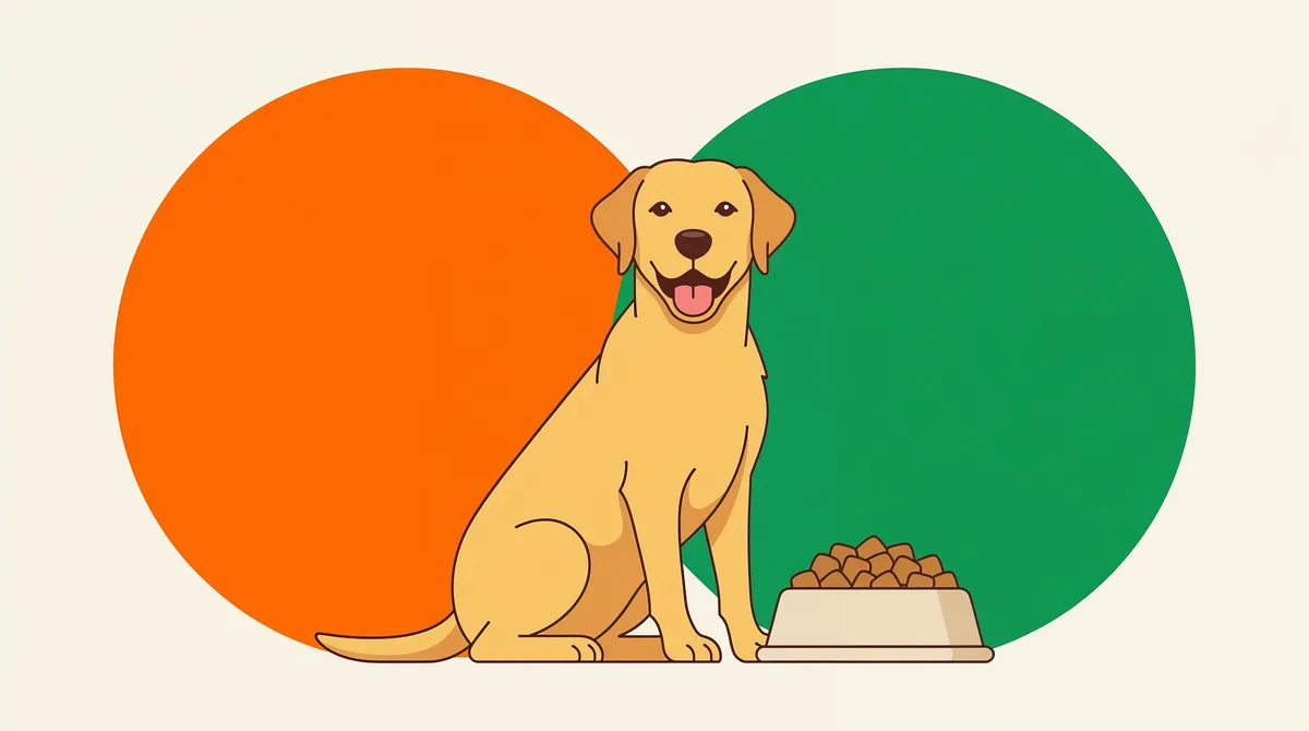 Ilustração de um Labrador ao lado de uma tigela grande de ração