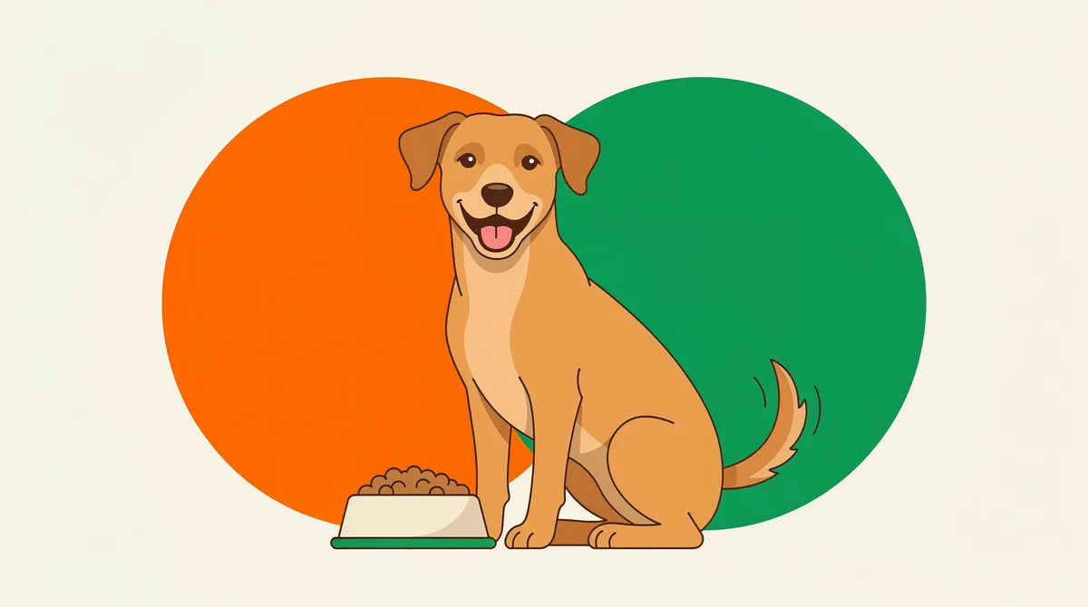 Ilustração de um cão vira-lata caramelo ao lado de uma tigela de ração