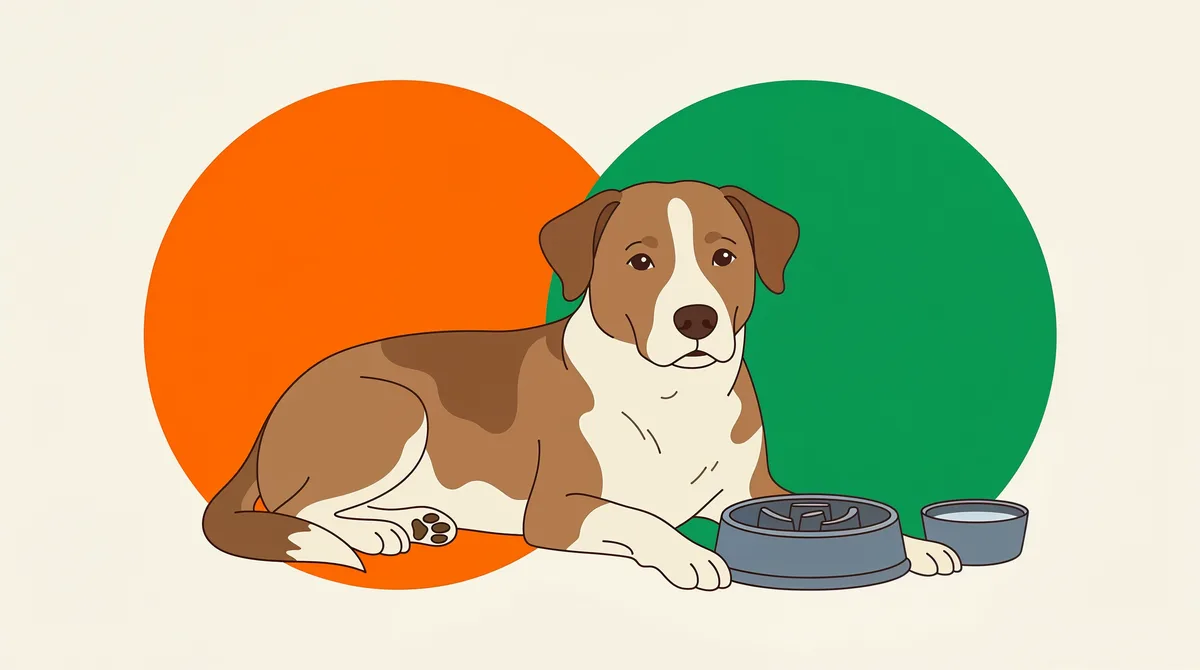 Cachorro deitado ao lado de um comedouro lento com ração