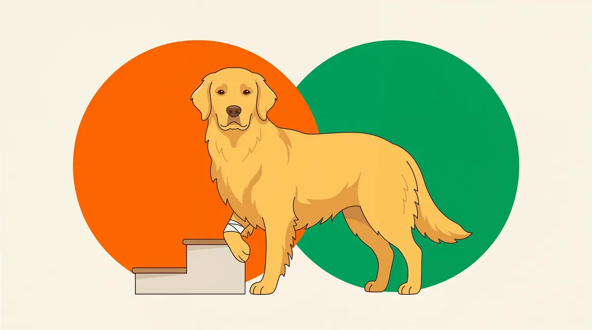 Cachorro com uma pata dianteira levantada ao lado de uma escada pet