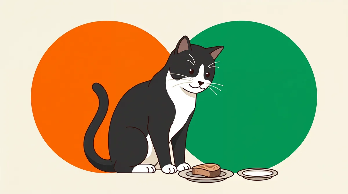 Gato sentado ao lado de uma lata de atum aberta e de um pires de leite