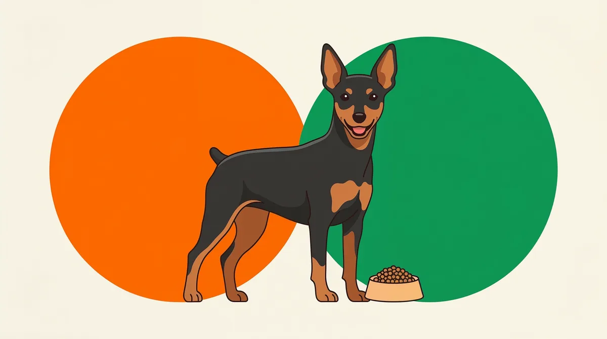 Pinscher preto e marrom ao lado de um pote com ração de grão pequeno