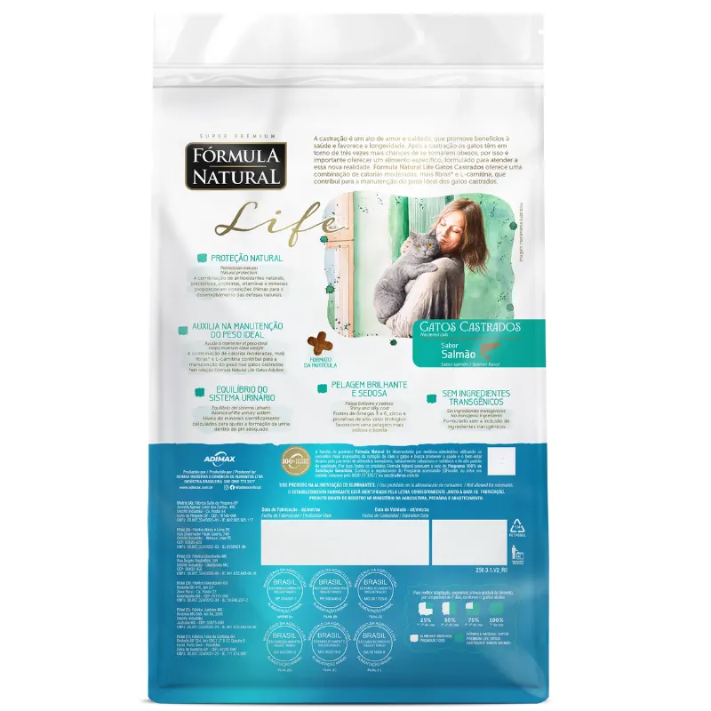 Ração Fórmula Natural Life Gatos Castrados Sabor Salmão