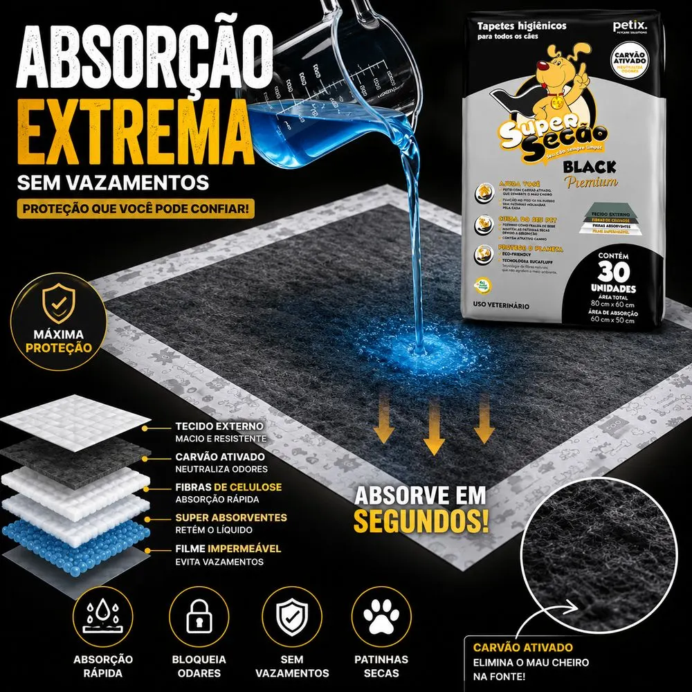 Tapete Higiênico Super Secão BLACK Premium para Cães 30 Unidades