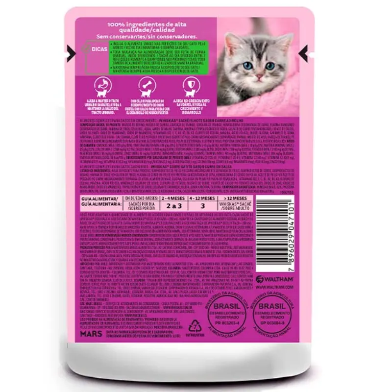 Ração Úmida Whiskas Sachê Gatos Filhotes Carne ao Molho 85g