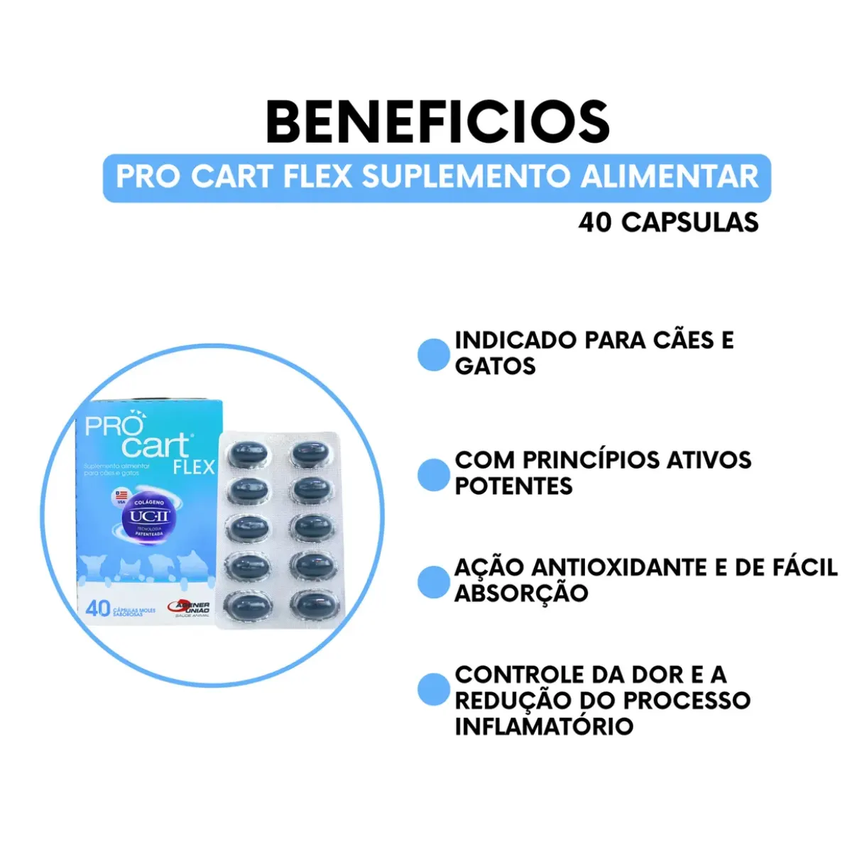 Suplemento Alimentar Pro Cart Flex UCII 40 Cápsulas para Cães/Gatos
