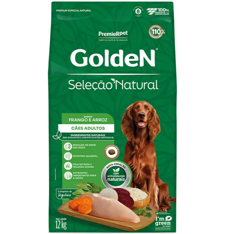 Ração Golden Seleção Natural Cães Adultos Frango e Arroz 12Kg