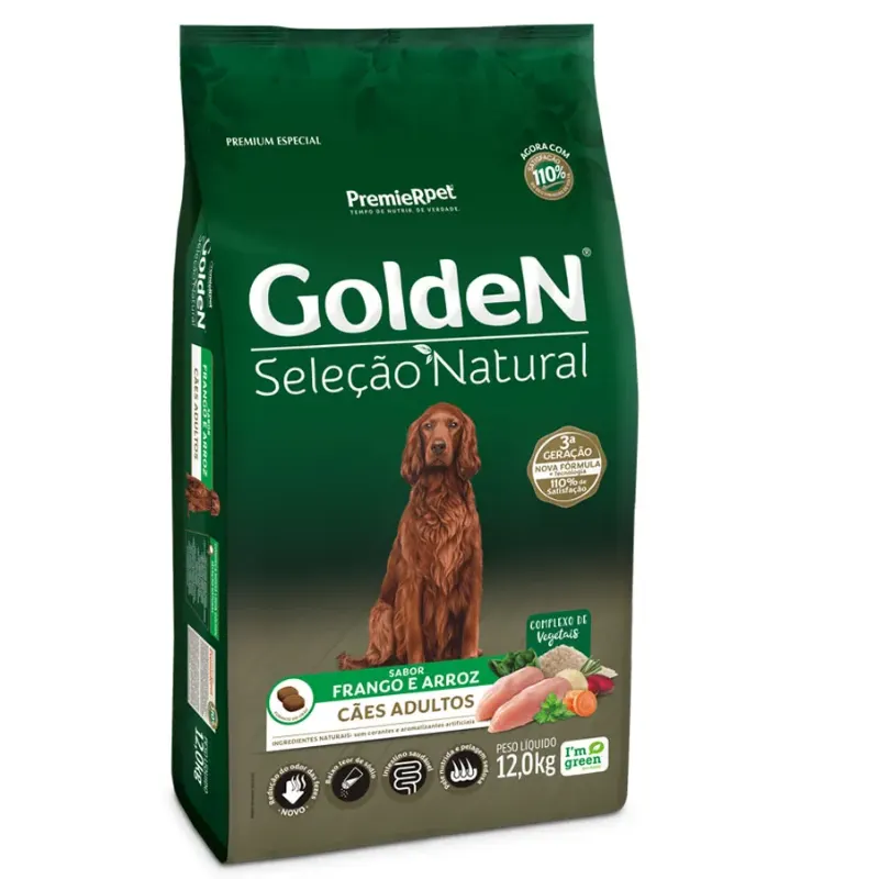 Ração Golden Seleção Natural Cães Adultos Frango e Arroz 12Kg