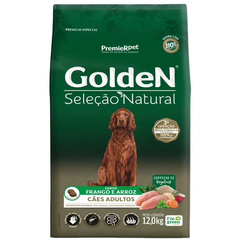 Ração Golden Seleção Natural Cães Adultos Frango e Arroz 12Kg