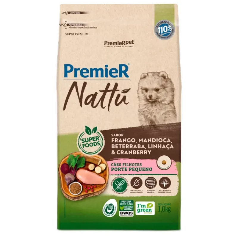 Ração Premier Nattu Cães Filhotes Raças Pequenas Sabor Mandioca