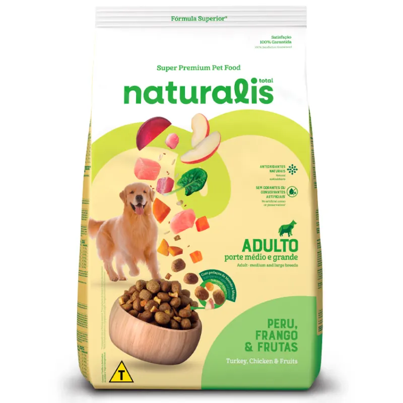 Ração Naturalis para Cães Adultos de Porte Médio Grande Sabor Frango, Peru e Frutas 12 Kg