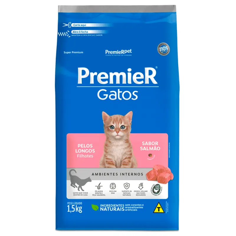 Ração Premier Ambientes Internos Gatos Filhotes Pelos Longos Salmão 1,5Kg