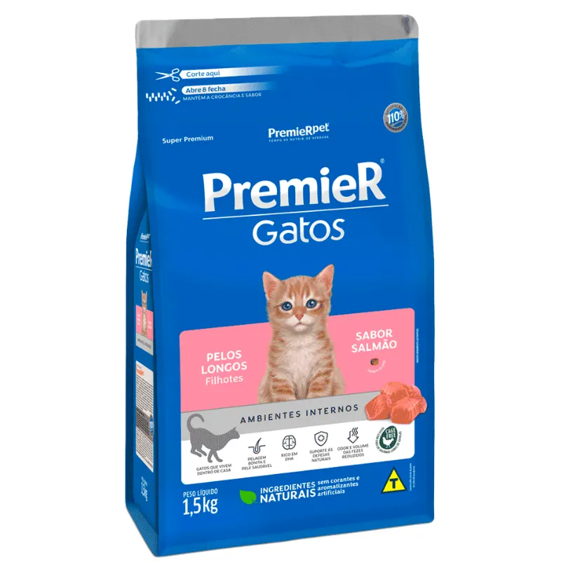Ração Premier Ambientes Internos Gatos Filhotes Pelos Longos Salmão 1,5Kg