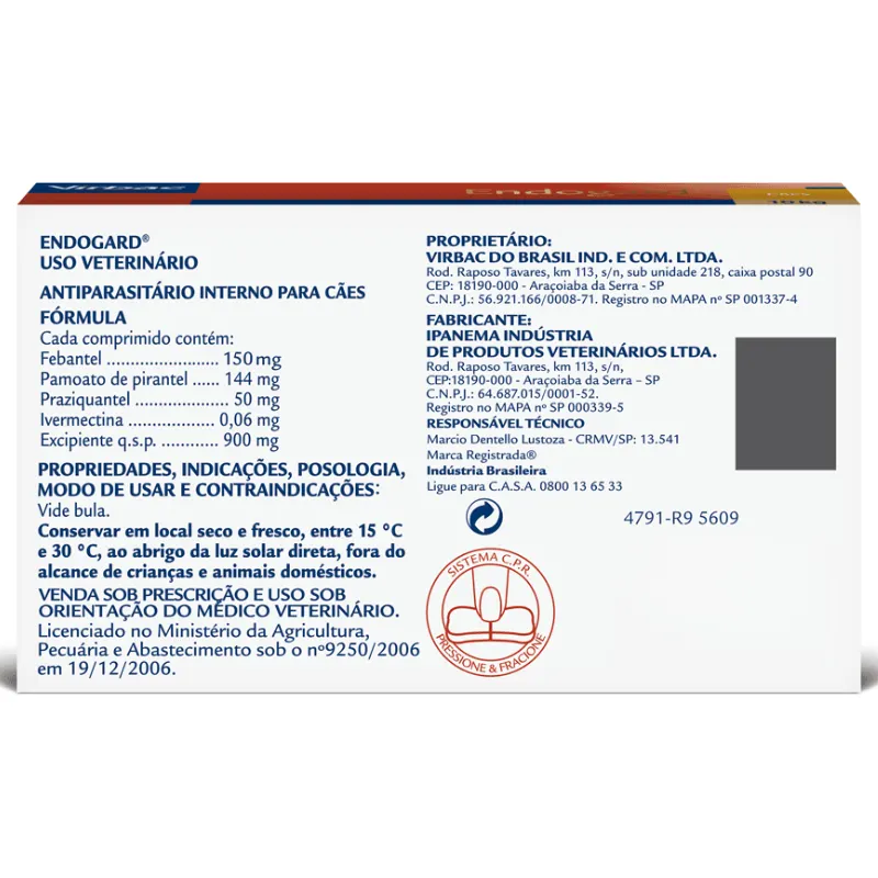 Antiparasitário Virbac Endogard para Cães de Até 10 kg com 6 Comprimidos