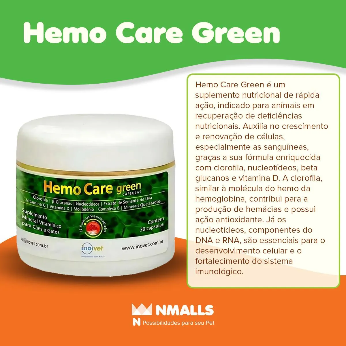 Hemo Care Green Suplemento Vitamínico 30 Cápsulas Inovet