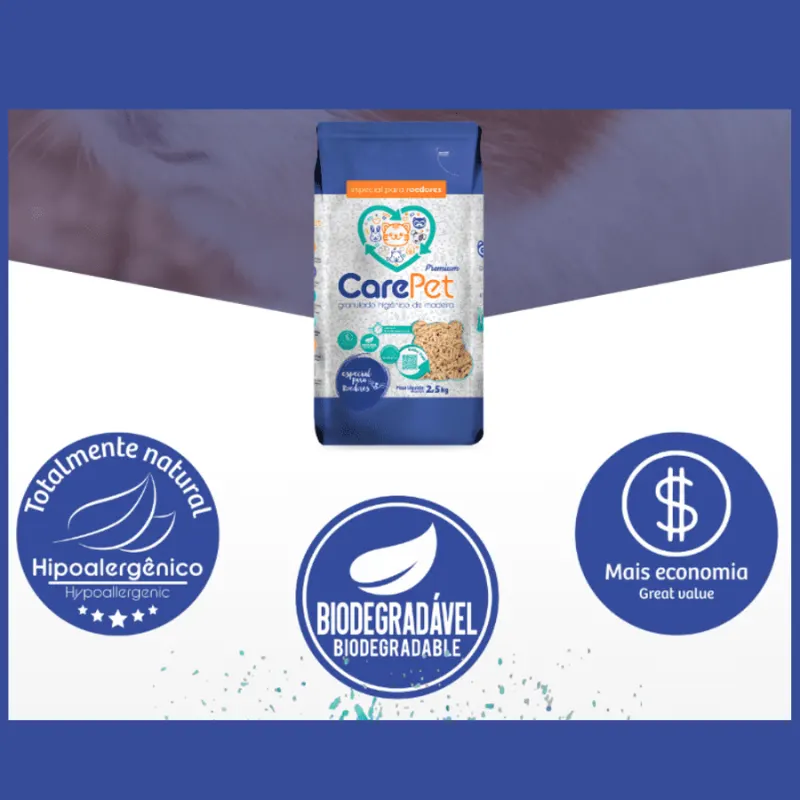 Areia Granulada de Madeira Premium CarePet Roedores 2,5Kg