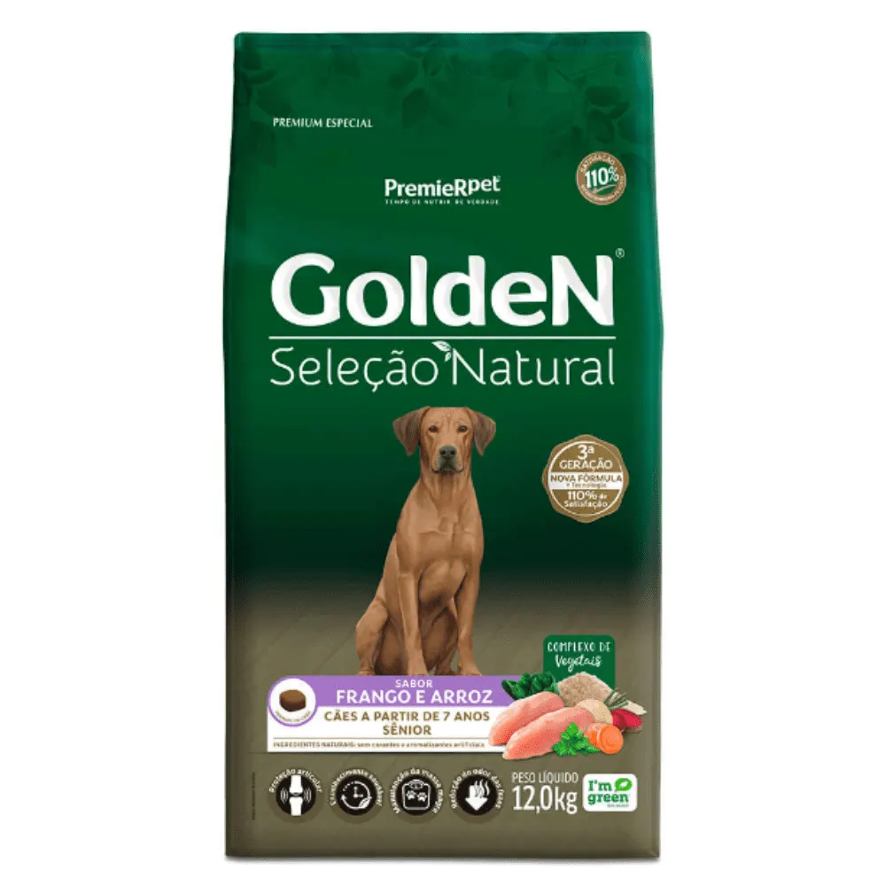 Ração Golden Seleção Natural Cães Sênior Sabor Frango e Arroz 12 Kg