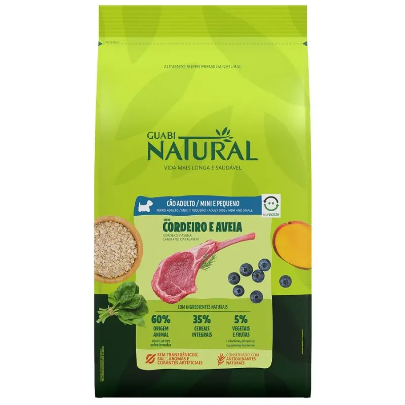 Ração Guabi Natural Cão Adulto Mini Pequeno Cordeiro e Aveia