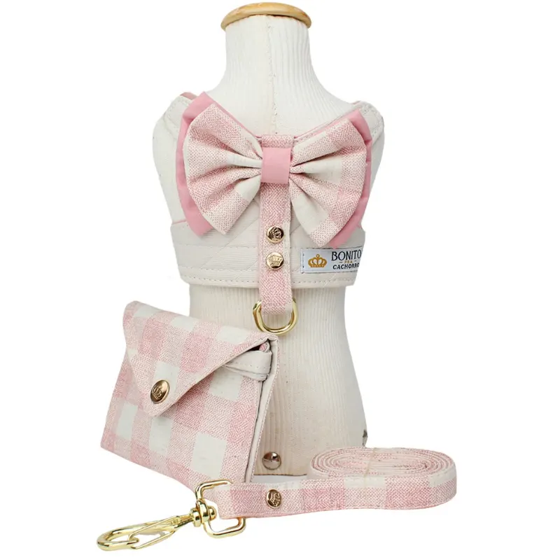 Coleira Peitoral Classic Xadrez Rose Bonito pra Cachorro