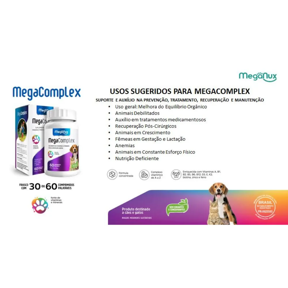 Suplemento MEGA-COMPLEX Vitam e Miner 60comp - Cães e Gatos