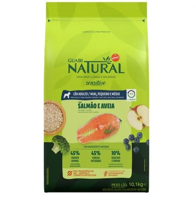 Ração Guabi Natural Sensitive Salmão e Aveia Cães Adultos Raças Mini, Pequeno e Médio