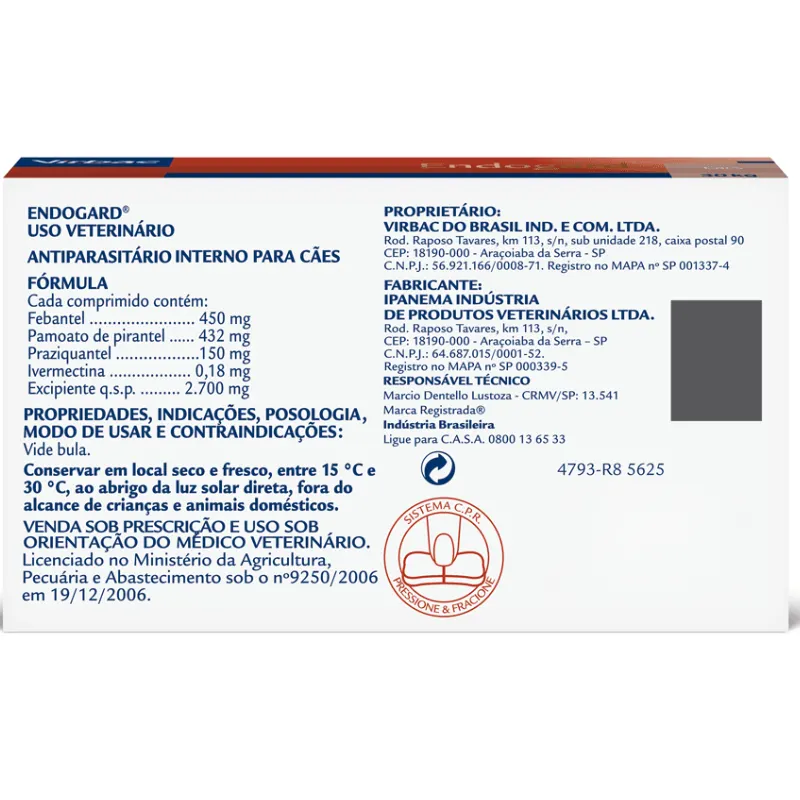 Antiparasitário Virbac Endogard para Cães de Até 30 kg com 2 Comprimidos
