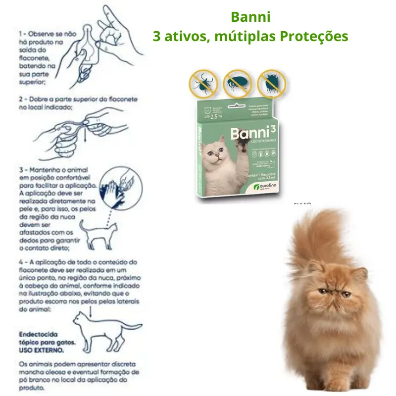 Banni 3 Gatos Até 2,5kg 0,30ml Vermes Pulgas Sarna Piolho