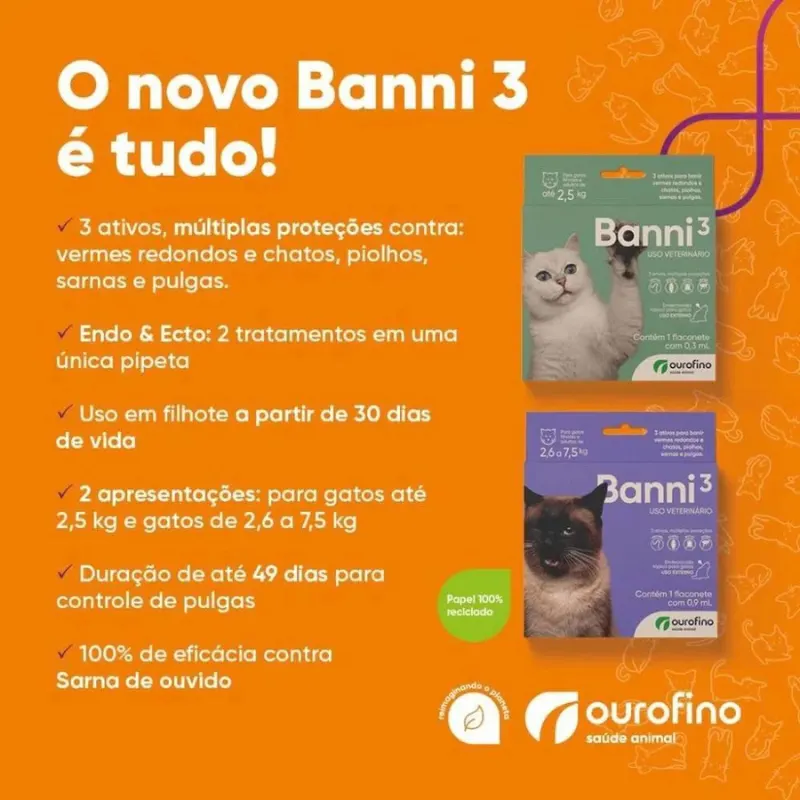 Banni 3 Gatos Até 2,5kg 0,30ml Vermes Pulgas Sarna Piolho