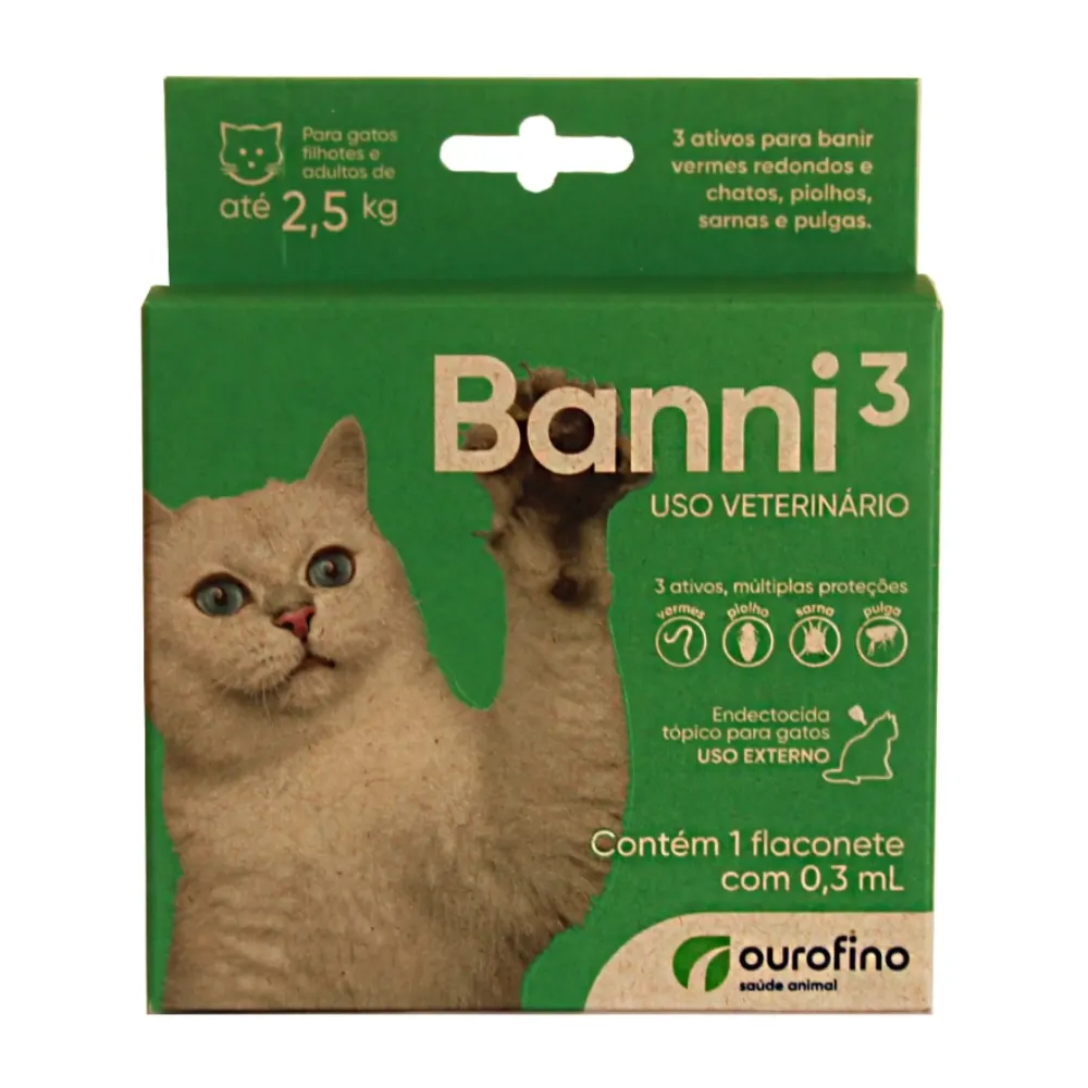 Banni 3 Gatos Até 2,5kg 0,30ml Vermes Pulgas Sarna Piolho