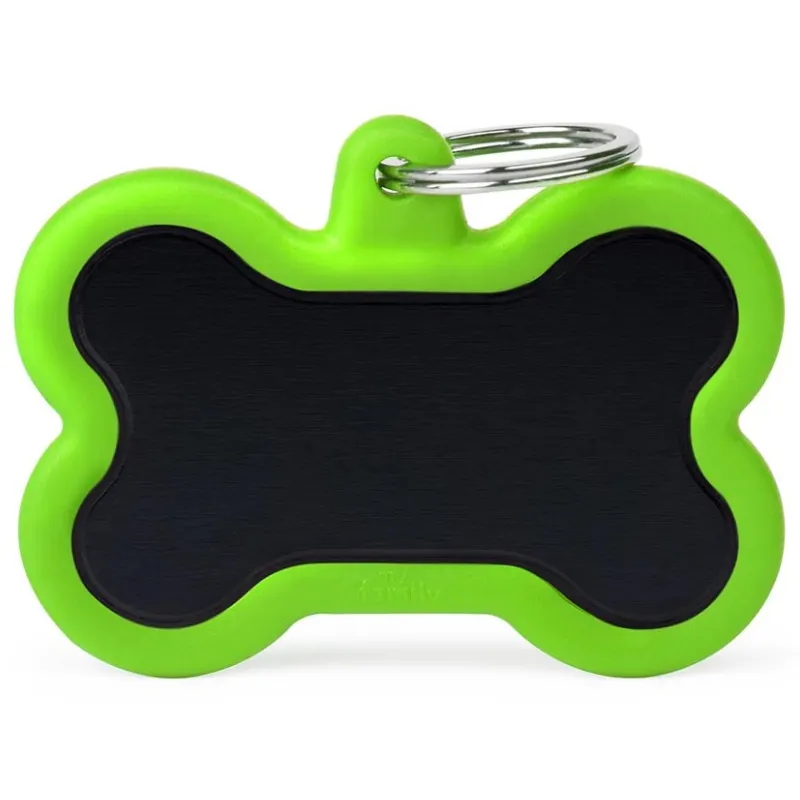 Medalha de Identificação Hushtag My Family Osso Extra Grande Alumínio Preto com Borracha Verde