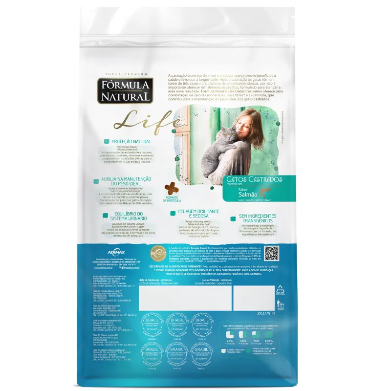 Ração Fórmula Natural Life para Gatos Castrados Sabor Salmão 10,1 Kg