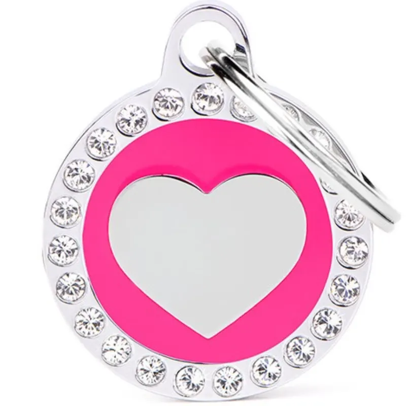 Medalha de Identificação My Family Glam Círculo Rosa com Coração Prata e Swarovski