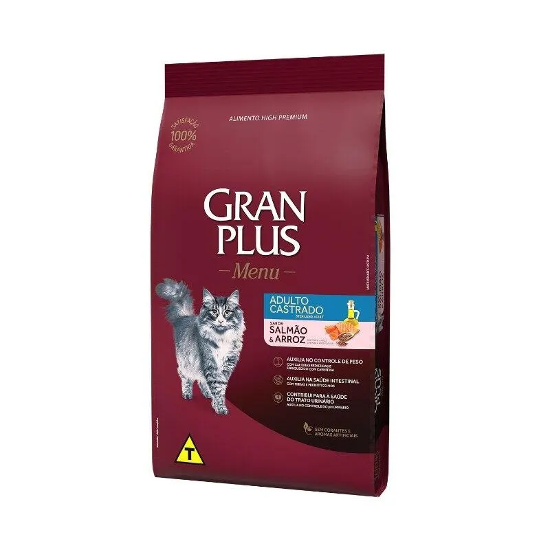 Ração GranPlus Menu Gatos Adultos Castrados Salmão e Arroz 10 x 1,01kg