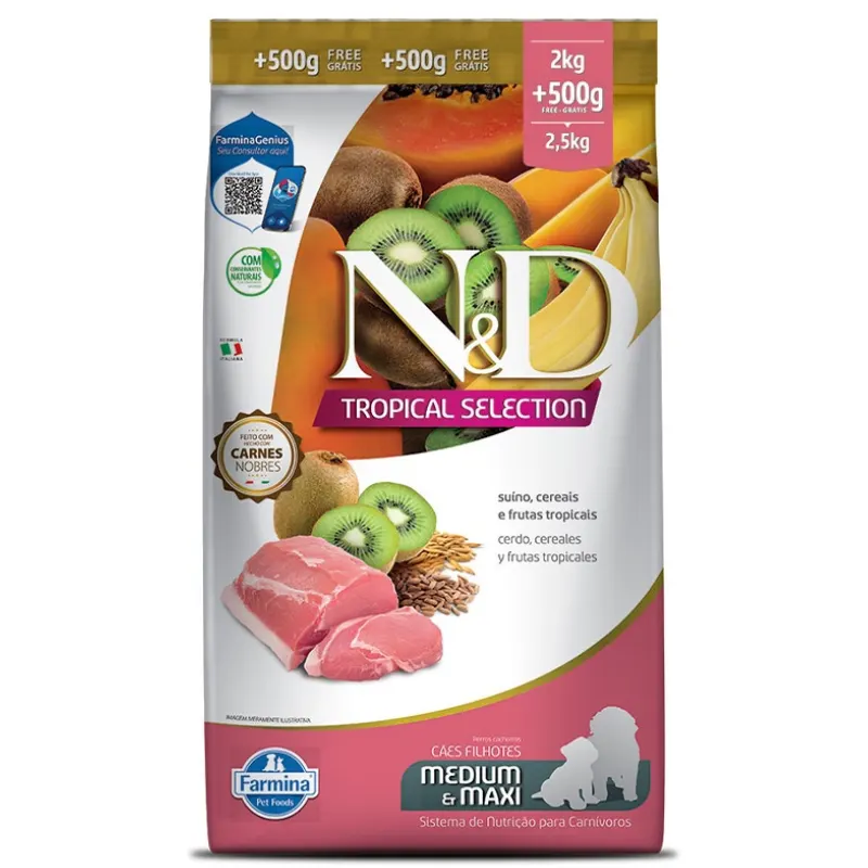 Ração Farmina N&D Tropical Selection para Cães Filhotes de Porte Médio e Grande Sabor Suíno 2 Kg + 500 g