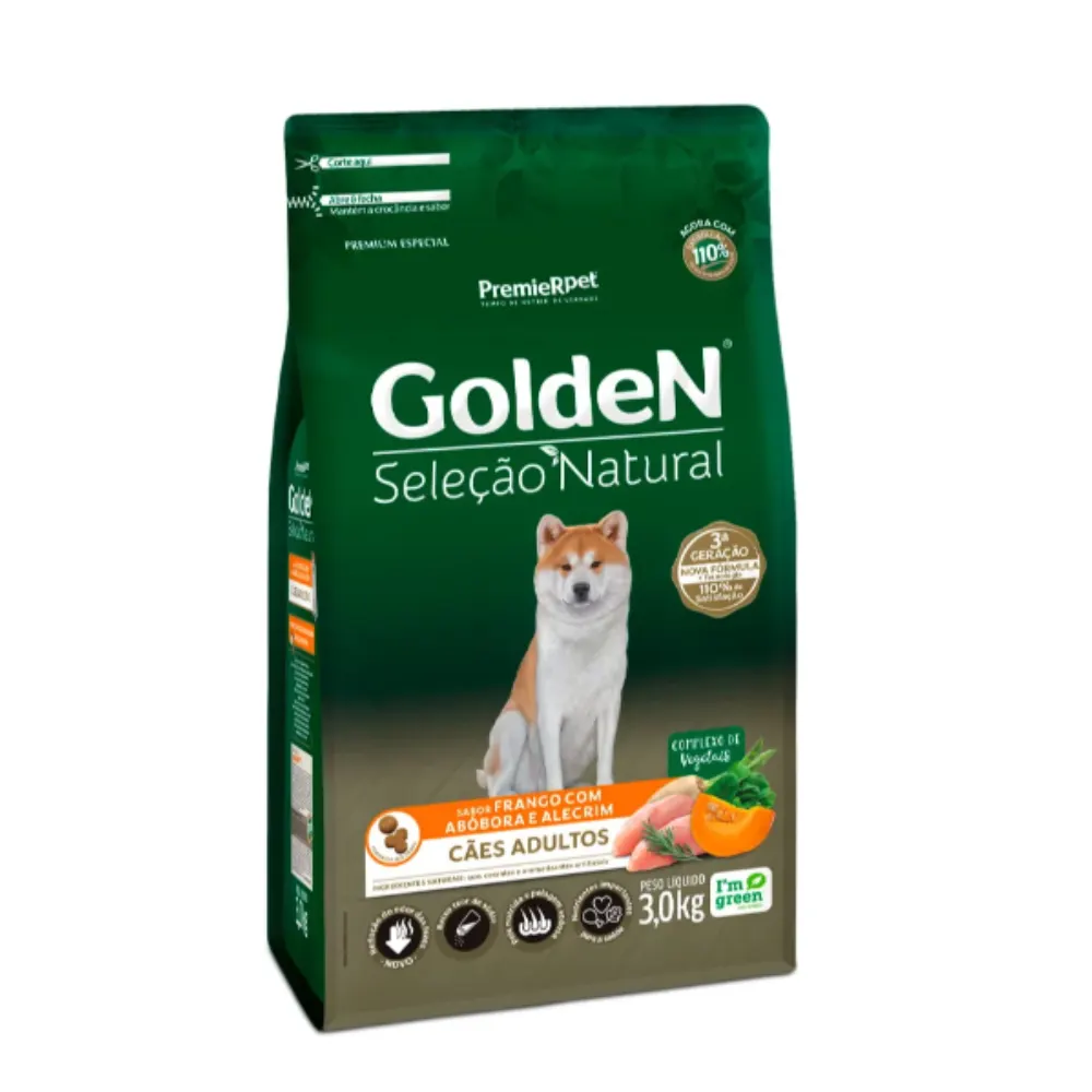 Ração Golden Seleção Natural Cães Adultos Frango Abóbora e Alecrim 3Kg