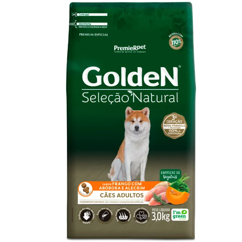 Ração Golden Seleção Natural Cães Adultos Frango Abóbora e Alecrim 3Kg