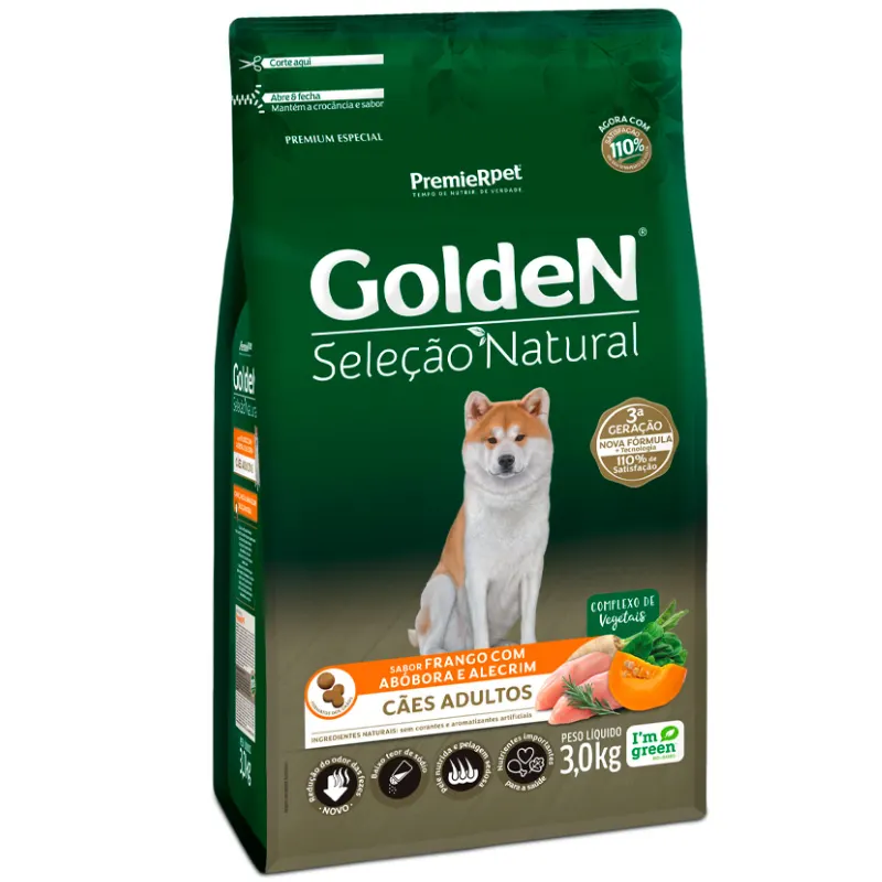 Ração Golden Seleção Natural Cães Adultos Frango Abóbora e Alecrim 3Kg