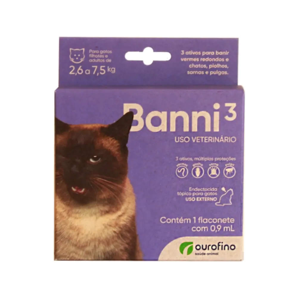 Banni 3 Gatos Até 7,5kg 0,90ml Vermes Pulgas Sarna Piolho